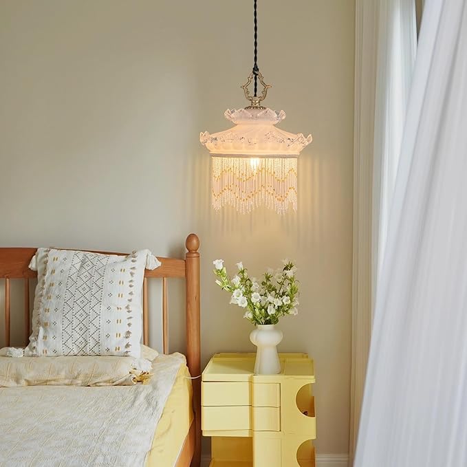 Brass Vintage Glass Pendant Light Cream Style Glass Tassel Chandelier,Adjustable Height Pendant Lights for Dining Room Kitchen Island Bedroom Hallway