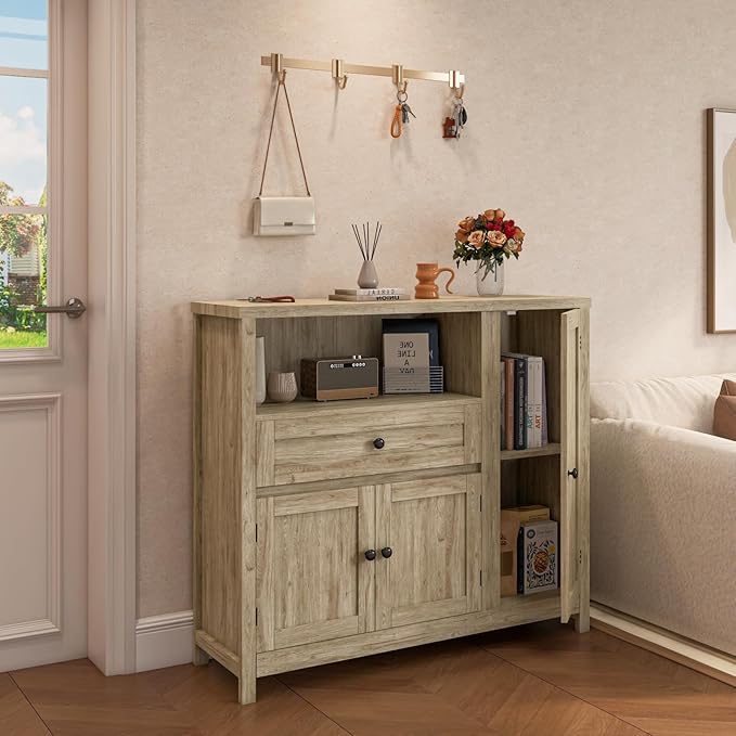 Viaozutis Storage Cabinet with Doors and Drawers,Kitchen Storage Cabinets，with Drawer and Adjustable Shelf（Grey）