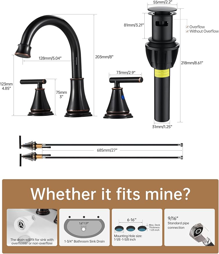 Fransiton Bathroom Sink Faucet 3 Hole,2-Pack Oil Rubbed Bronze Vanity Faucet for 6-16 Inch Widespread Lavatory Sink with Pop-Up Drain, 2 Handle