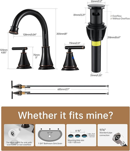 Fransiton Bathroom Sink Faucet 3 Hole,2-Pack Oil Rubbed Bronze Vanity Faucet for 6-16 Inch Widespread Lavatory Sink with Pop-Up Drain, 2 Handle