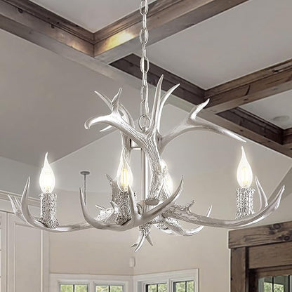 JONATHAN Y 26" Silver Rustic Resin Antler 4-Light LED Chandelier, Farmhouse Faux Deer Horn Hanging Ceiling Light for Dining Room, Kitchen Island, Adjustable Light Fixture (JYL6301C)