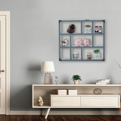17.7x15.7-Inch Shadow Box Shelf 9-Slot Rustic Floating Shelves Larger Wall Mounted Shelf Lightweight Solid Wood Display Shelf Freestanding Farmhouse Shelf (9C-Dark Gray)