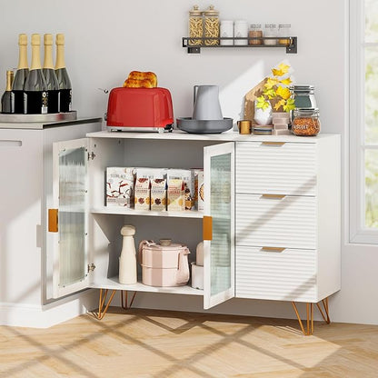 Giantex Buffet Cabinet with Storage, Modern Sideboard with 2 Doors & 3 Drawers, Freestanding Kitchen Cupboard with Solid Metal Legs, Coffee Bar Cabinet with Storage for Living Room, White