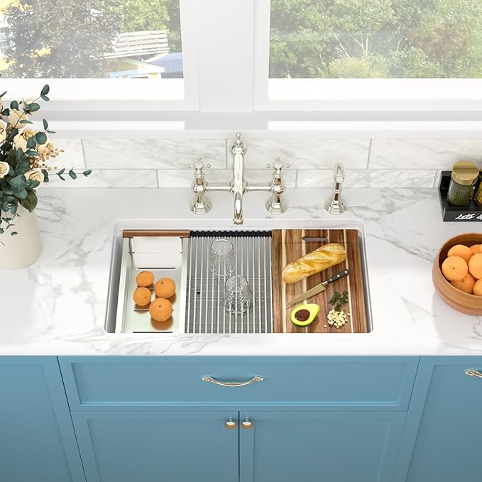 Sarlai 33 Granite Composite Kitchen Sink - 33 x 19 Inch Granite Undermount Kitchen Sink Ledge Workstation Under-Mount White Quartz Classic Single Bowl Sinks Under Counter Basin With Accessories