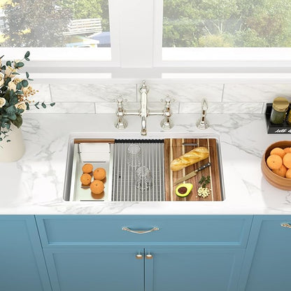 Sarlai 33 Granite Composite Kitchen Sink - 33 x 19 Inch Granite Undermount Kitchen Sink Ledge Workstation Under-Mount White Quartz Classic Single Bowl Sinks Under Counter Basin With Accessories