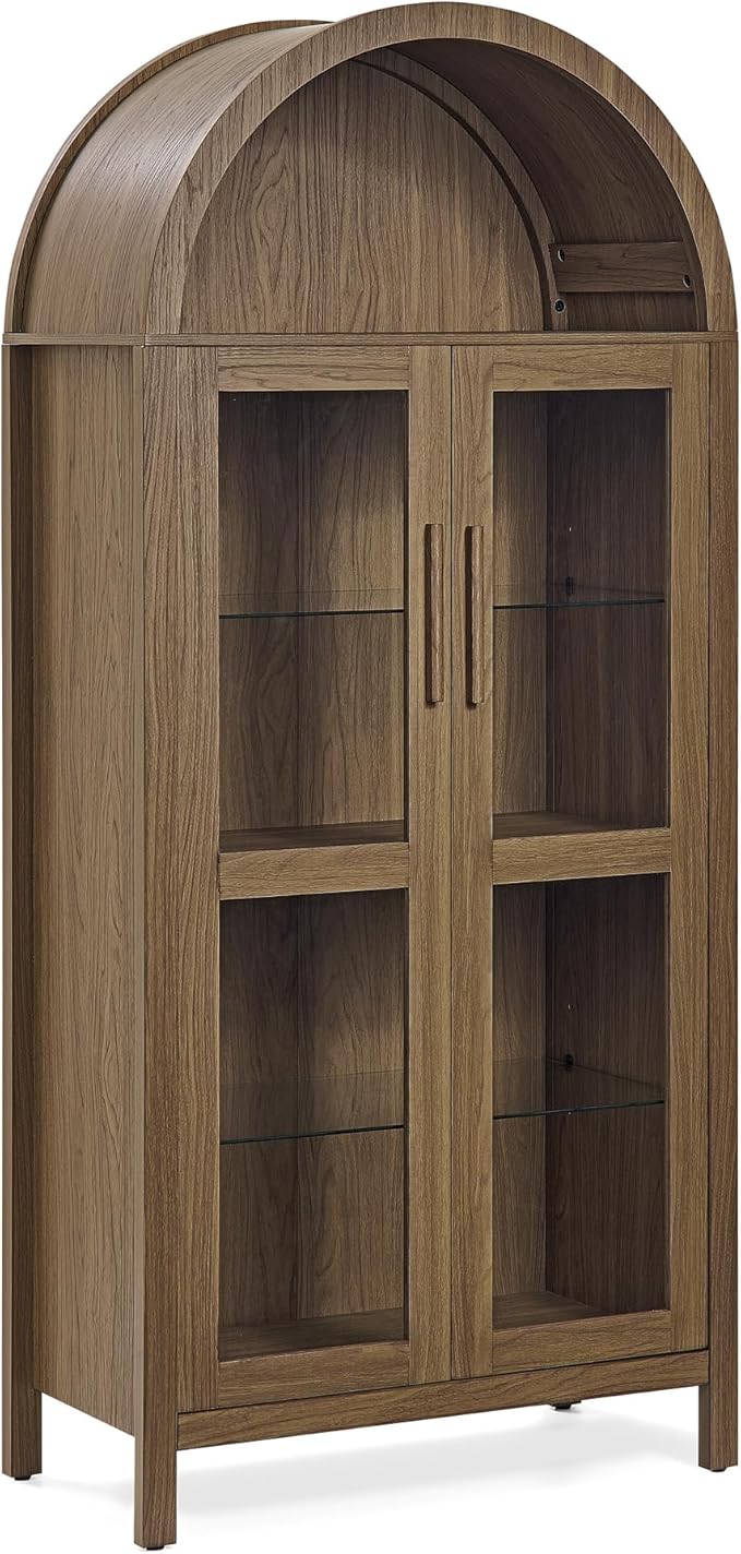 Ball & Cast 67" Tall Arched Kitchen Pantry Cabinet with Lamp, Modern Wooden Storage Cabinet with Glass Doors & Adjustable Shelves,Versatile Display Cabinet for Kitchen, Living Room,Dining Room,Brown