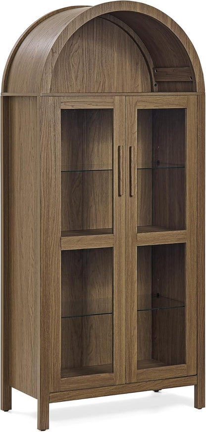 Ball & Cast 67" Tall Arched Kitchen Pantry Cabinet with Lamp, Modern Wooden Storage Cabinet with Glass Doors & Adjustable Shelves,Versatile Display Cabinet for Kitchen, Living Room,Dining Room,Brown