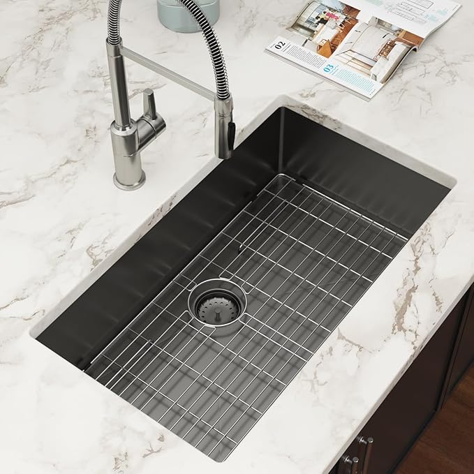 Black Undermount Kitchen Sink 33 Inch - Couoko Gunmetal Black 16 Gauge T304 Stainless Steel Single Bowl Undermount Sinks NANO PVD Large Deep Handmade Round Corner Sinks Basin 33"x19"x9"