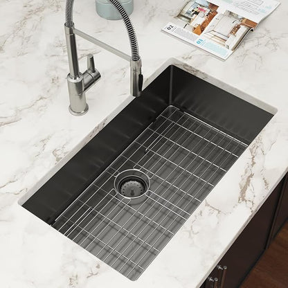 Black Undermount Kitchen Sink 33 Inch - Couoko Gunmetal Black 16 Gauge T304 Stainless Steel Single Bowl Undermount Sinks NANO PVD Large Deep Handmade Round Corner Sinks Basin 33"x19"x9"
