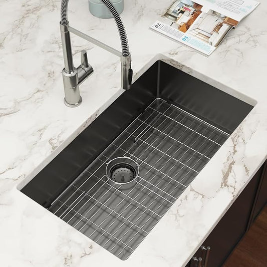 Black Undermount Kitchen Sink 33 Inch - Couoko Gunmetal Black 16 Gauge T304 Stainless Steel Single Bowl Undermount Sinks NANO PVD Large Deep Handmade Round Corner Sinks Basin 33"x19"x9"