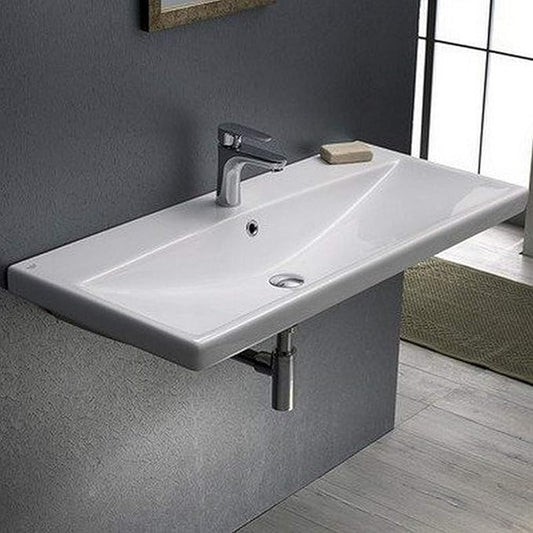CeraStyle 032200-U-One Hole Elite Rectangle Ceramic Wall Mounted/Self Rimming Sink, White