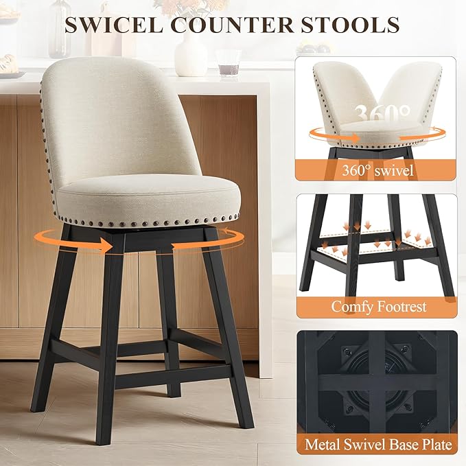 MALOL Swivel Bar Stools Set of 2, Upholstered Fabric Mid Century Mondern Barstools, 26 inch Counter Height Bar Chairs with Solid Back and Wood Legs, for Kitchen Island，Beige
