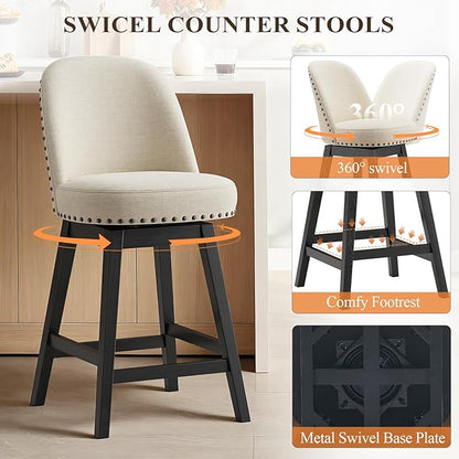 MALOL Swivel Bar Stool, Upholstered Fabric Mid Century Mondern Barstool, 26 inch Counter Height Bar Chair with Solid Back and Wood Legs, for Kitchen Island，Beige