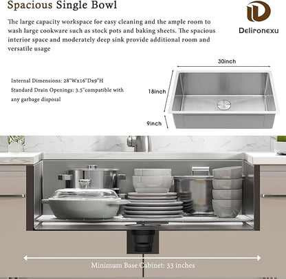 30 Inch Undermount Kitchen Sink - Delironexu 16G Stainless Steel Undermount Sink, 30''x18'' Deep Single Bowl Kitchen Sinks with 4 Accessories
