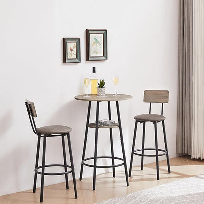 Round Bar Stool Table Set with Storage Shelf, Grey Upholstered Stools with Backrest, Comfortable PU Padded Seat, Bar Table and Chairs Set of 2, Supports 350 lbs Each