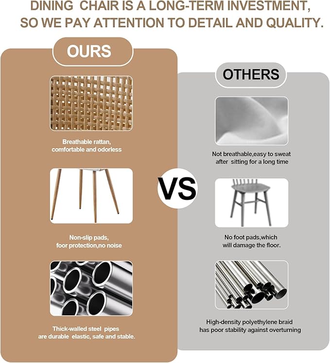 Rattan Dining Chairs,Upholstered Boucle Fabric Dining Chairs with Armrest and PE Cane Backrest, Mid Century Modern Dining Room Chairs with Metal Legs for Kitchen Island,Set of 2