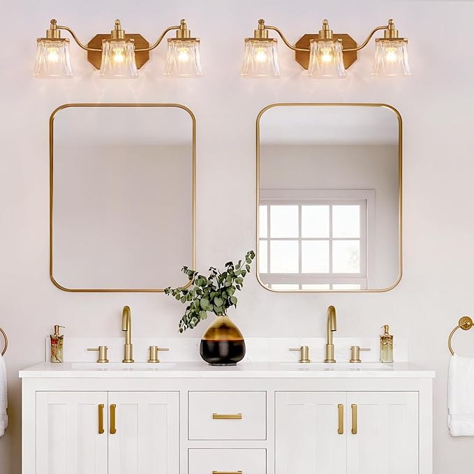 Vintage Bathroom Light Fixtures, 3-Light Gold Vanity Light with Ribbed Crystal Glass Shade, 21.4" Brushed Gold Vanity Lights for Bathroom Bedroom Living Room Hallway, E26 Base