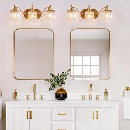 Vintage Bathroom Light Fixtures, 3-Light Gold Vanity Light with Ribbed Crystal Glass Shade, 21.4" Brushed Gold Vanity Lights for Bathroom Bedroom Living Room Hallway, E26 Base