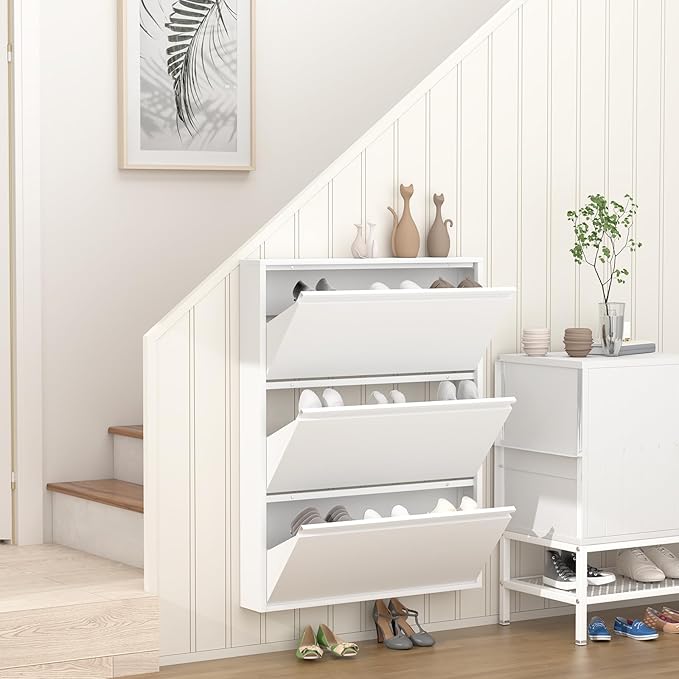GREATMEET Slim Wall Mounted Metal Storage Cabinet with 3 Flip Drawers, Steel Hidden Shoe Cabinet Storage for Entryway, Modern Narrow Shoe Rack Organizer Cabinets for Entrance, Mudroom, Hallway, White