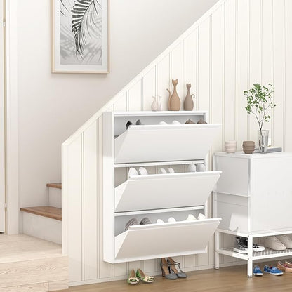 GREATMEET Slim Wall Mounted Metal Storage Cabinet with 3 Flip Drawers, Steel Hidden Shoe Cabinet Storage for Entryway, Modern Narrow Shoe Rack Organizer Cabinets for Entrance, Mudroom, Hallway, White