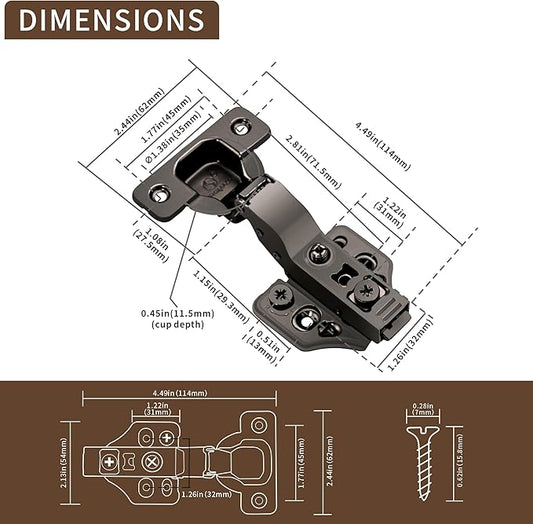 4 Pack Inset Overlay Soft Close Cabinet Hinges 105° Frameless 3 Way Adjustable Soft Close Hinges for Cabinet Doors Kitchen Cabinet Door Hinges with Screws