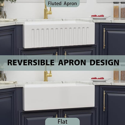 Kichae 33 White Farmhouse Kitchen Sink - 33X20 Inch Ledge Workstation Reversible Fluted Apron Front Ceramic Porcelain Farm Sinks Single Bowl with Gold Drain
