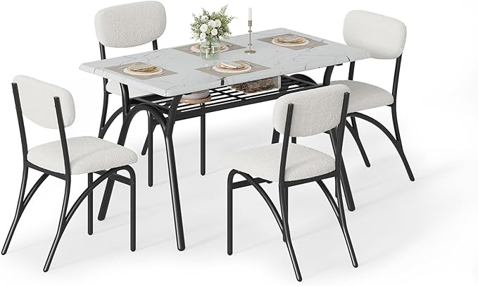 GarveeHome 5-Piece Dining Table Set for 4, Modern Kitchen Table with 4 Boucle Chairs, Rectangular Dining Table with Storage Shelf & Marble Tabletop, Beige Home Dining Furniture for Small Space