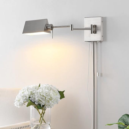 JONATHAN Y 22" Nickel Swing Arm Wall Sconce, Plug-in or Hardwired with USB Charging Port and Pull Chain, Iron Shade, Industrial LED Reading Lamp (JYL6015C)