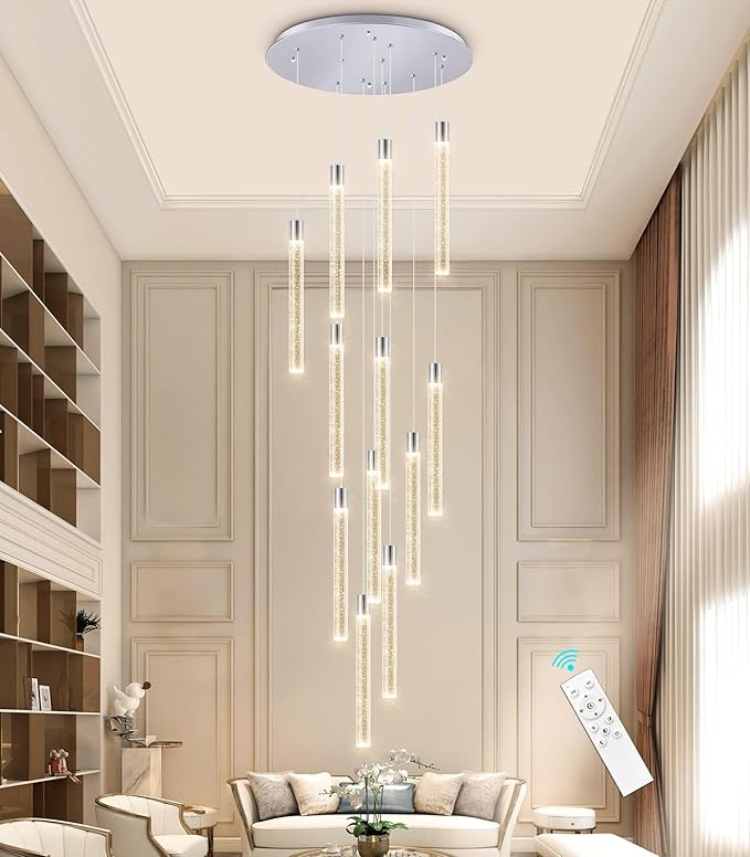 Modern 10-Light LED Dimmable Pendant Crystal Chandelier for High Ceiling