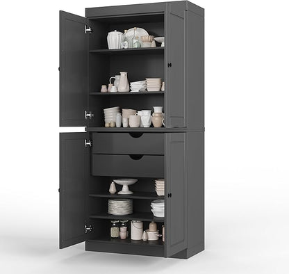 Palace Imports Solid Wood Kitchen Pantry - 71.5" H x 32" W Tall Storage Cabinet - with Adjustable Shelves & 2-Drawer Kit, Cupboard, Gray, 100% Renewable Eco-Friendly Wood, Made in Brazil
