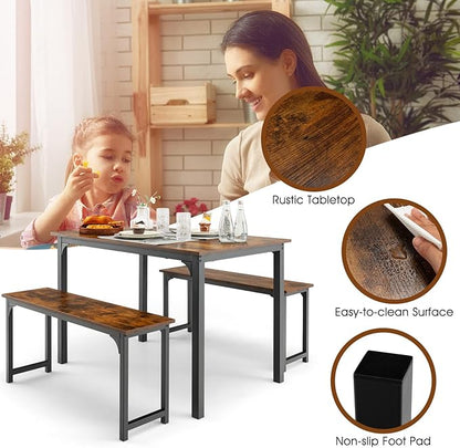 Giantex Dining Table Set for 4, Industrial Kitchen Table Set w/ 2 Benches, Space-Saving Dinette Set for Breakfast Nook, Dining Room, Kitchen, Easy Assembly (Mix Brown)