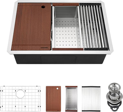 27-inch Undermount Kitchen Sink Workstation, SINKVINE 25x19 Outdoor Sink BBQ, Stainless Steel Single Bowl Basin w/Sapele-Wood Cutting Board, SST Colander w/Wood Handle, and Roll-up Dish Drying Unit