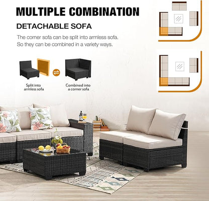 JOYURE 10 Pieces Patio Furniture Set All-Weather Outdoor Wicker Sectional Conversation Sofa Rattan Patio Seating Sofa with Cushion and Glass Table for Porch Poolside,Beige