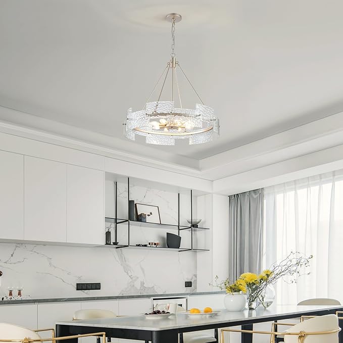 XINGQI 26" Large 8-Light Modern Silver Glass Chandelier Drum Light Fixture Round Water Ripple Pendant Lighting for Dining Room Living Room Kitchen Island Office