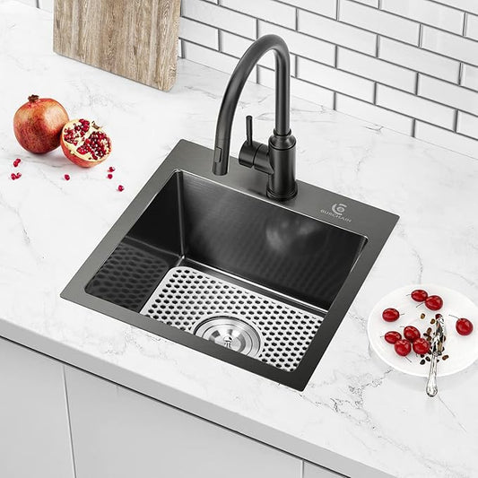 17 x 15 Inch Drop in Kitchen Sink Top mount Bar Sink 16 Gauge Stainless Steel Single Bowl Workstation with Sink Protector (Black)