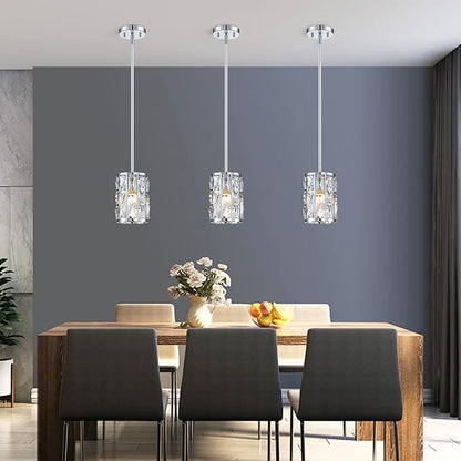 MEXO Modern Crystal Pendant Light Fixture 3-Pack Chrome Finish Hanging Lighting Crystal Chandelier for Kitchen Island