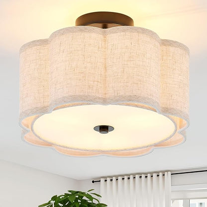 Semi Flush Mount Ceiling Light, Beige Linen Fabric Shade Ceiling Light, Black Modern Farmhouse Close to Ceiling Light for Bedroom, Hallway, Living Room, Dining Room, Laundry Room