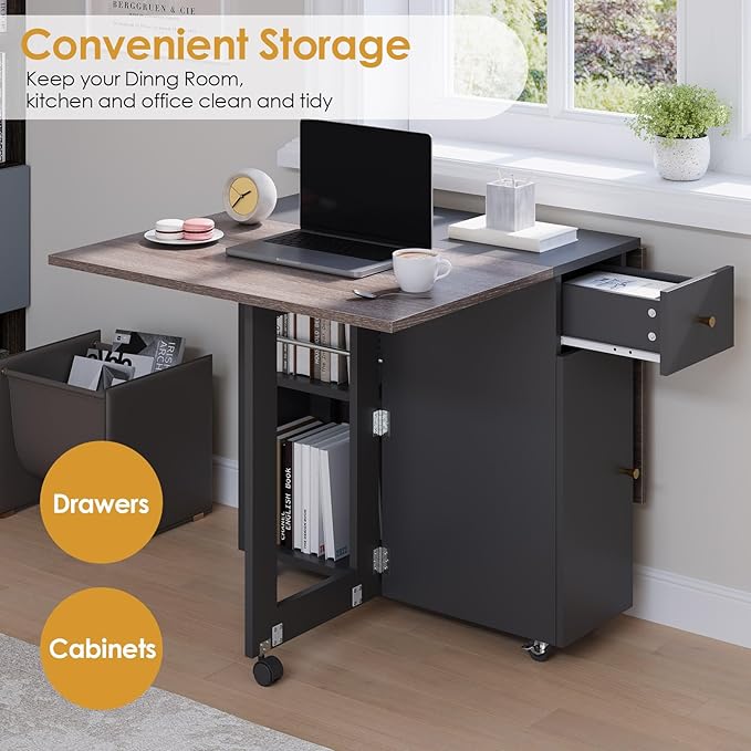 LotFun Folding Dining Table with 2 Storage Racks, Space Saving Dining Table with 6 Wheels, Kitchen Table for Small Spaces