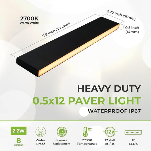 LUMENGY Paver Light Slim 0.5x12 Inch (0.55x11.8), 2700K Warm White, Glare-Free Linear Lighting for Driveways, Walkways and Paver Borders, 12V Hardwired, IP67 Waterproof, Drive-Over Rated