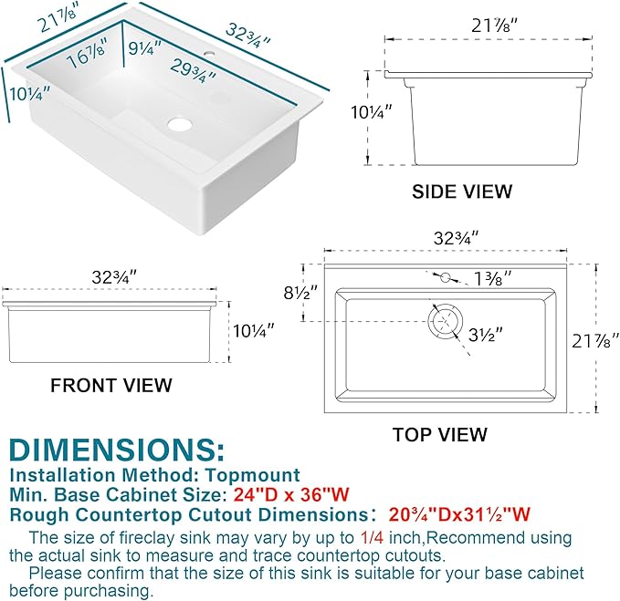 33x22 Drop In Kitchen Sink Workstation White 1 Hole, 33 Inch Large Fireclay Workstation Sink Drop In Single Bowl, Topmount, with 4 Accessories (Cutting Board Included), for Kitchen