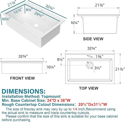 33x22 Drop In Kitchen Sink Workstation White 1 Hole, 33 Inch Large Fireclay Workstation Sink Drop In Single Bowl, Topmount, with 4 Accessories (Cutting Board Included), for Kitchen