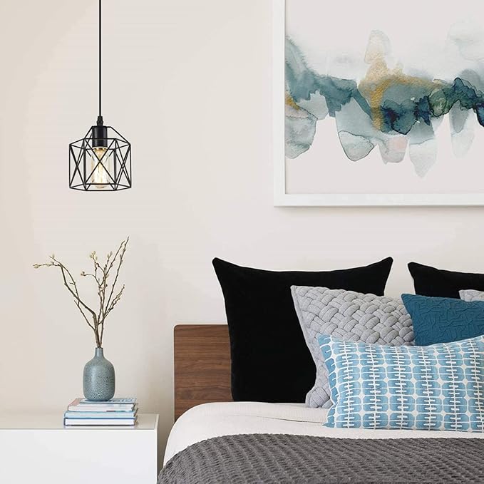 Black Pendant Light, Farmhouse Rustic Vintage Hanging Lamp Industrial Metal Mini Cage Pendant Lighting Fixture for Kitchen Island Bedroom Hallway, E26 Base