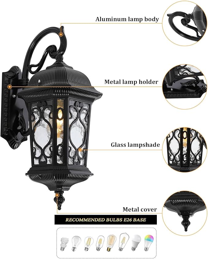 Outdoor Wall Light Fixtures, IP55 Waterproof Outside Wall Lantern Retro Exterior Wall Sconces Vintage Wall-Mounted Lights for Garage House Porch Doorway, E26 w/o Bulb