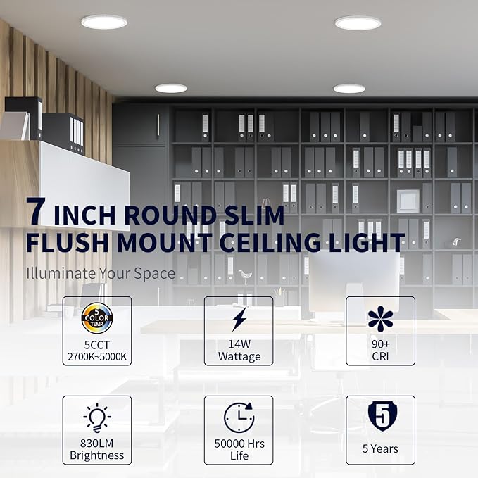 mw 4 Pack 7 Inch Flush Mount LED Ceiling Light Fixture, 14W, 120V, Dimmable, 2700K/3000K/3500K/4000K/5000K Selectable,90+ CRI, Low Profile Ceiling Light for Bedroom Hallway, ETL Certification