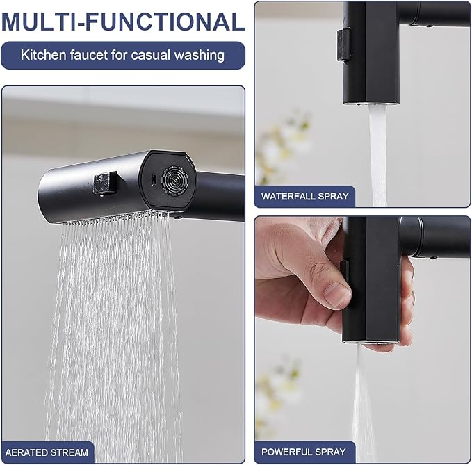 AVSIILE Matte Black Touchless Kitchen Faucets with Pull Down Sprayer & Soap Dispenser, Waterfall Single Hole & Handle, Pull Out Sink Faucet, Suitable for Farmhouse Camper Laundry Rv Bar