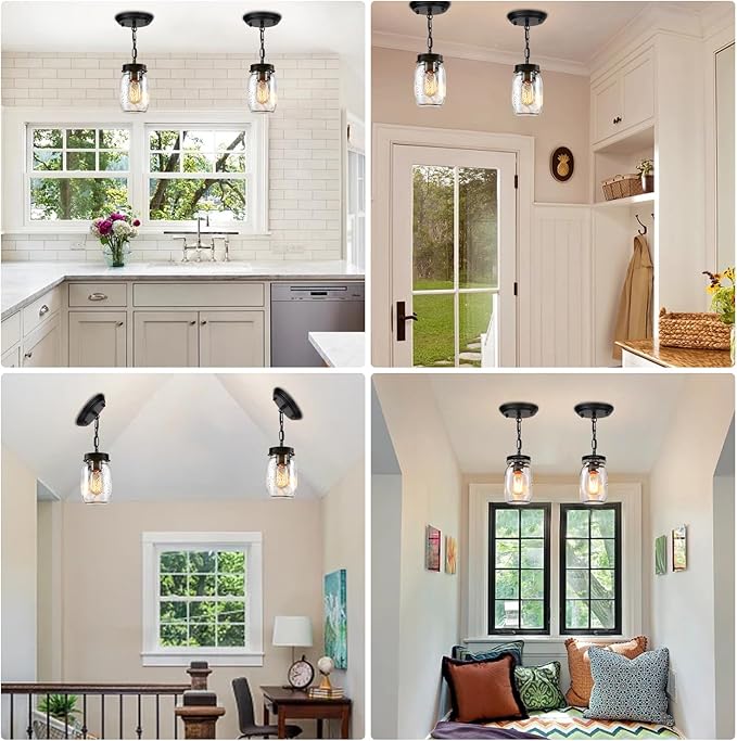 2 Pack Mason Jar Light Fixtures, 1-Light Kitchen Island Light Glass Jar Chandelier Farmhouse Pendant Lighting Fixture Close to Ceiling for Dining Room Sink Barn Foyer Stairway