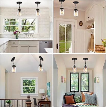 2 Pack Mason Jar Light Fixtures, 1-Light Kitchen Island Light Glass Jar Chandelier Farmhouse Pendant Lighting Fixture Close to Ceiling for Dining Room Sink Barn Foyer Stairway