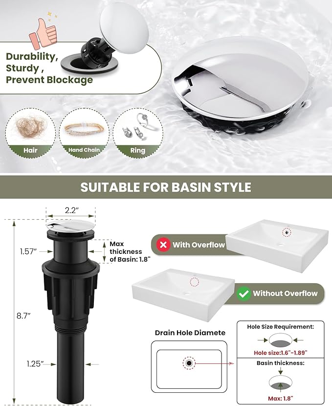 gotonovo Vessel Sink Faucet Single Handle Tall Bathroom Faucet One Hole Modern Lavatory Vanity Basin Mixer Tap Matching Supply Hoses and Pop up Drain Without Overflow, Polish Chrome