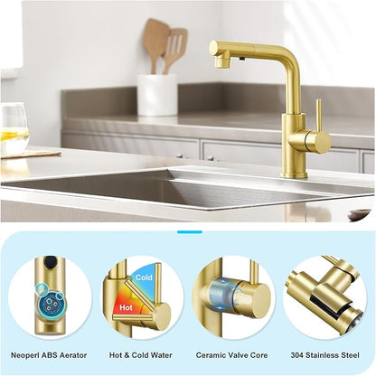 CREA Gold Kitchen Faucet with Pull Down Sprayer - Bathroom & Utility Sink Faucet - Single Handle, 3 or 1 Hole