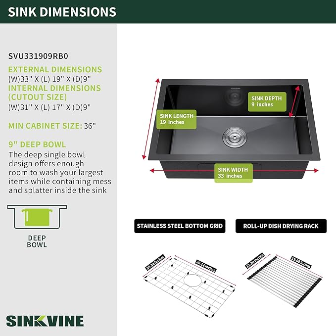 33-inch Black Kitchen Sink Undermount - SINKVINE 33 x 19 inch PVD Nano Stainless Steel Single Bowl Kitchen Sink, with 3.5" Drain Strainer, Bottom Grid Protector, Roll-up Drying Unit, Dark Grey